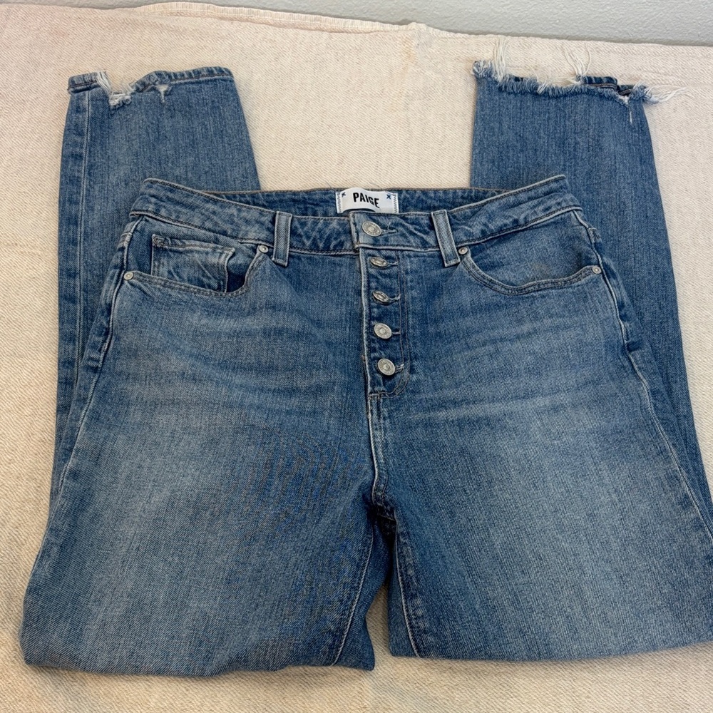 PAIGE Button-Fly Cropped Jeans in Blue
